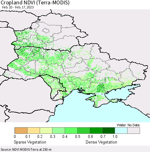 Ukraine, Moldova and Belarus Cropland NDVI (Terra-MODIS) Thematic Map For 2/10/2023 - 2/17/2023