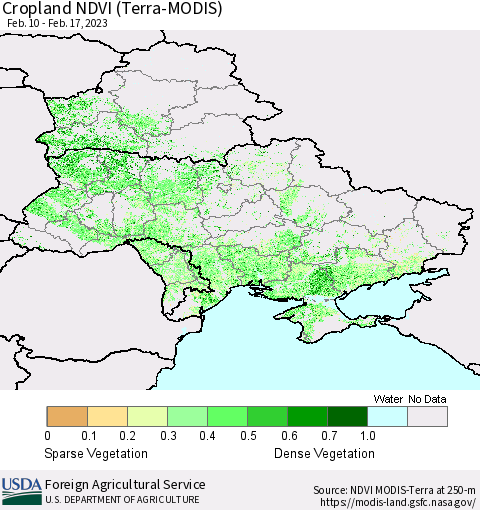 Ukraine, Moldova and Belarus Cropland NDVI (Terra-MODIS) Thematic Map For 2/11/2023 - 2/20/2023