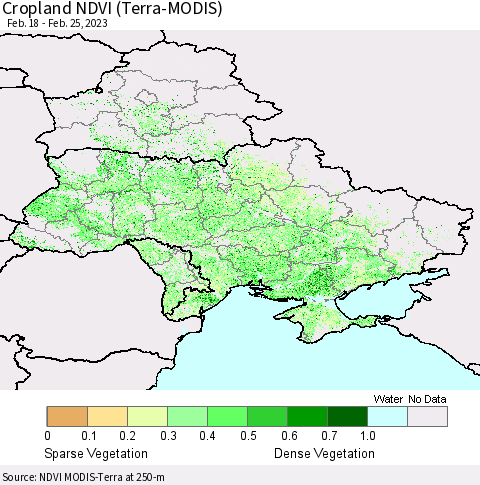 Ukraine, Moldova and Belarus Cropland NDVI (Terra-MODIS) Thematic Map For 2/18/2023 - 2/25/2023