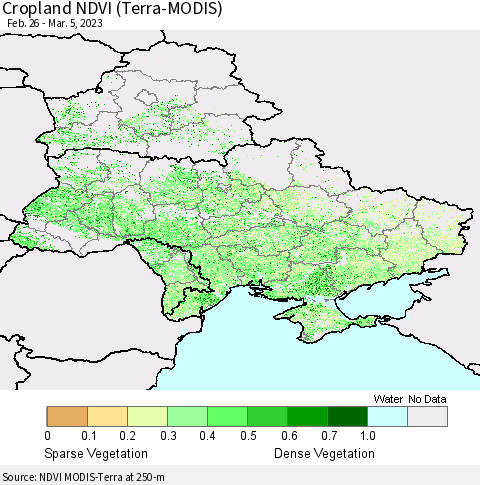 Ukraine, Moldova and Belarus Cropland NDVI (Terra-MODIS) Thematic Map For 2/26/2023 - 3/5/2023