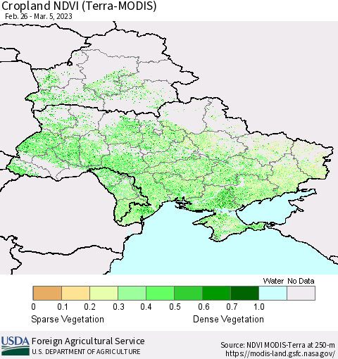 Ukraine, Moldova and Belarus Cropland NDVI (Terra-MODIS) Thematic Map For 3/1/2023 - 3/10/2023