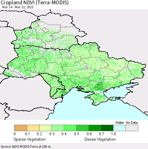 Ukraine, Moldova and Belarus Cropland NDVI (Terra-MODIS) Thematic Map For 3/14/2023 - 3/21/2023