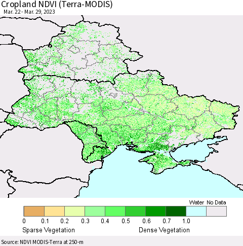 Ukraine, Moldova and Belarus Cropland NDVI (Terra-MODIS) Thematic Map For 3/22/2023 - 3/29/2023