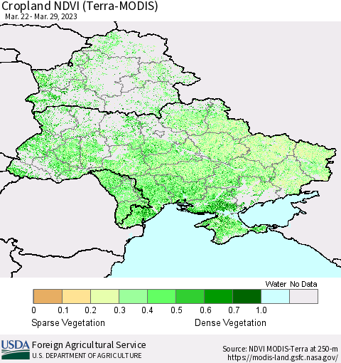 Ukraine, Moldova and Belarus Cropland NDVI (Terra-MODIS) Thematic Map For 3/21/2023 - 3/31/2023
