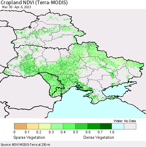 Ukraine, Moldova and Belarus Cropland NDVI (Terra-MODIS) Thematic Map For 3/30/2023 - 4/6/2023