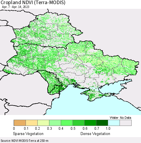 Ukraine, Moldova and Belarus Cropland NDVI (Terra-MODIS) Thematic Map For 4/7/2023 - 4/14/2023