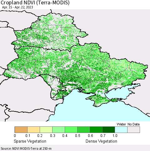 Ukraine, Moldova and Belarus Cropland NDVI (Terra-MODIS) Thematic Map For 4/15/2023 - 4/22/2023