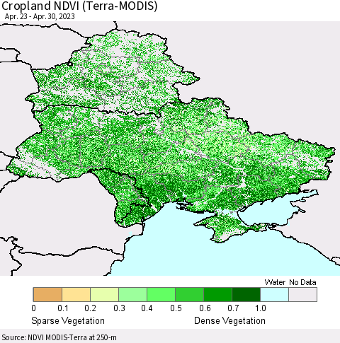 Ukraine, Moldova and Belarus Cropland NDVI (Terra-MODIS) Thematic Map For 4/21/2023 - 4/30/2023