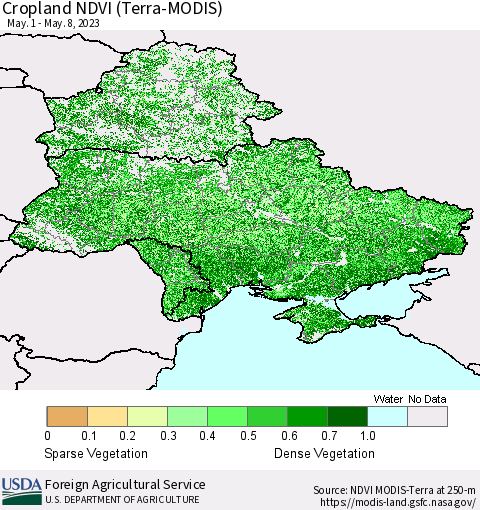 Ukraine, Moldova and Belarus Cropland NDVI (Terra-MODIS) Thematic Map For 5/1/2023 - 5/10/2023