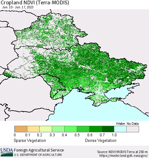 Ukraine, Moldova and Belarus Cropland NDVI (Terra-MODIS) Thematic Map For 6/11/2023 - 6/20/2023