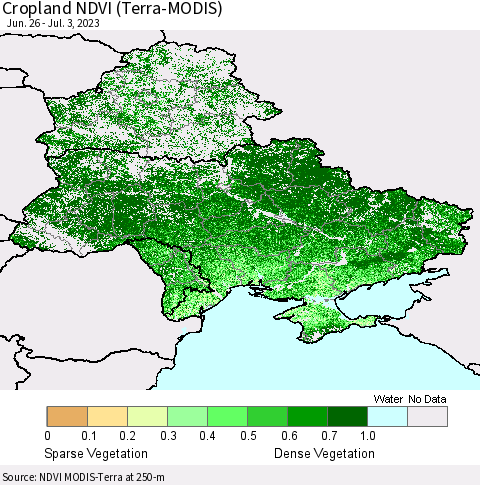Ukraine, Moldova and Belarus Cropland NDVI (Terra-MODIS) Thematic Map For 6/26/2023 - 7/3/2023