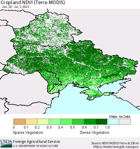 Ukraine, Moldova and Belarus Cropland NDVI (Terra-MODIS) Thematic Map For 7/1/2023 - 7/10/2023