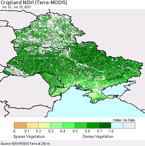 Ukraine, Moldova and Belarus Cropland NDVI (Terra-MODIS) Thematic Map For 7/12/2023 - 7/19/2023