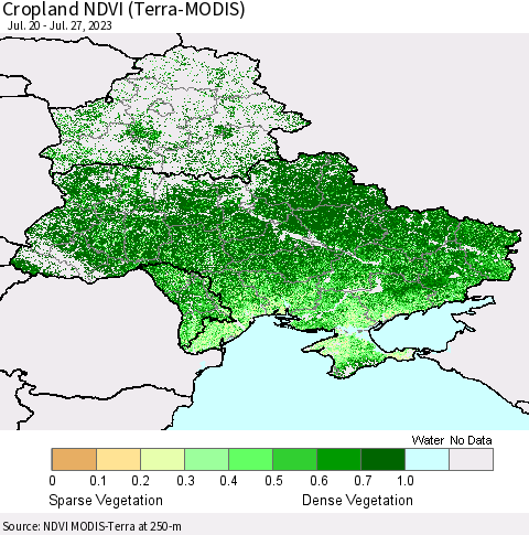 Ukraine, Moldova and Belarus Cropland NDVI (Terra-MODIS) Thematic Map For 7/20/2023 - 7/27/2023