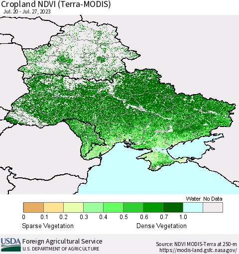 Ukraine, Moldova and Belarus Cropland NDVI (Terra-MODIS) Thematic Map For 7/21/2023 - 7/31/2023