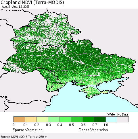 Ukraine, Moldova and Belarus Cropland NDVI (Terra-MODIS) Thematic Map For 8/5/2023 - 8/12/2023