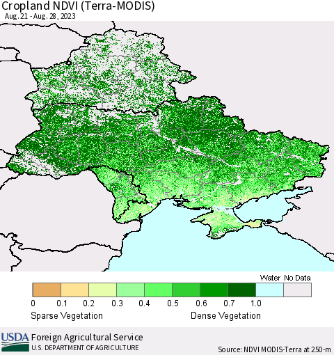 Ukraine, Moldova and Belarus Cropland NDVI (Terra-MODIS) Thematic Map For 8/21/2023 - 8/31/2023