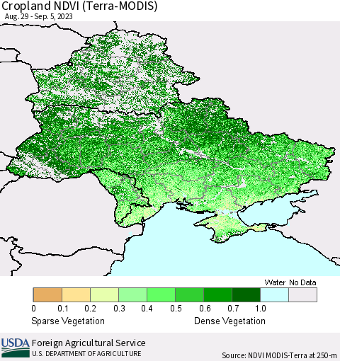 Ukraine, Moldova and Belarus Cropland NDVI (Terra-MODIS) Thematic Map For 9/1/2023 - 9/10/2023