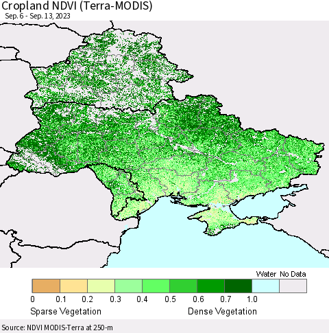Ukraine, Moldova and Belarus Cropland NDVI (Terra-MODIS) Thematic Map For 9/6/2023 - 9/13/2023