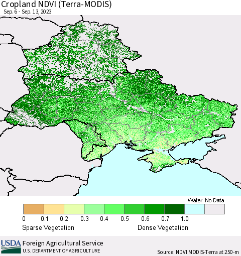 Ukraine, Moldova and Belarus Cropland NDVI (Terra-MODIS) Thematic Map For 9/11/2023 - 9/20/2023