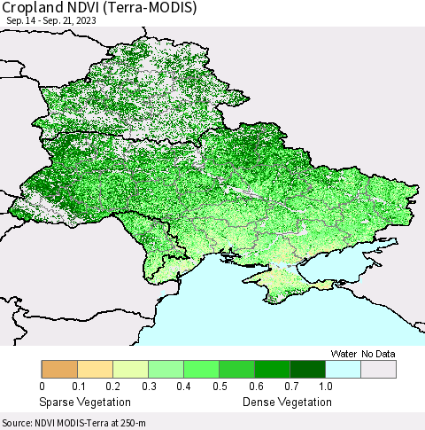 Ukraine, Moldova and Belarus Cropland NDVI (Terra-MODIS) Thematic Map For 9/14/2023 - 9/21/2023