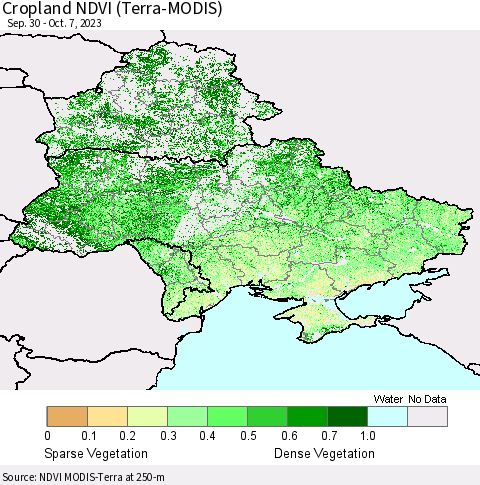 Ukraine, Moldova and Belarus Cropland NDVI (Terra-MODIS) Thematic Map For 9/30/2023 - 10/7/2023