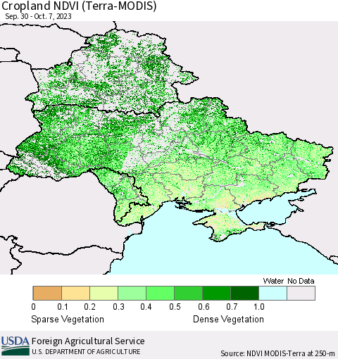 Ukraine, Moldova and Belarus Cropland NDVI (Terra-MODIS) Thematic Map For 10/1/2023 - 10/10/2023
