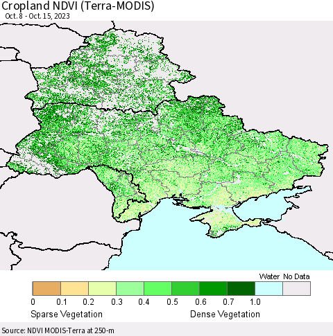 Ukraine, Moldova and Belarus Cropland NDVI (Terra-MODIS) Thematic Map For 10/8/2023 - 10/15/2023