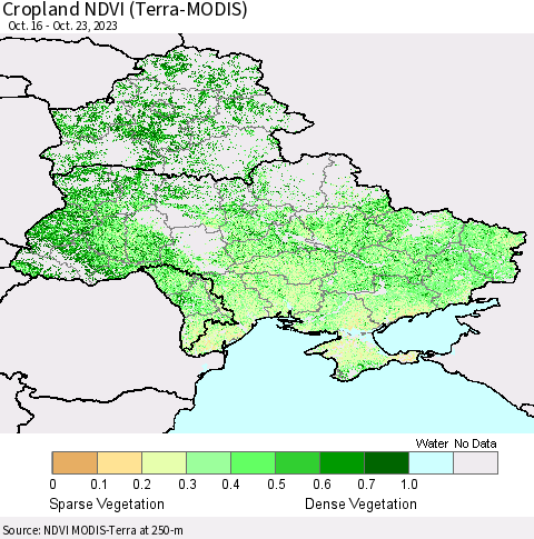 Ukraine, Moldova and Belarus Cropland NDVI (Terra-MODIS) Thematic Map For 10/16/2023 - 10/23/2023