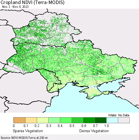 Ukraine, Moldova and Belarus Cropland NDVI (Terra-MODIS) Thematic Map For 11/1/2023 - 11/8/2023