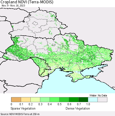 Ukraine, Moldova and Belarus Cropland NDVI (Terra-MODIS) Thematic Map For 11/9/2023 - 11/16/2023