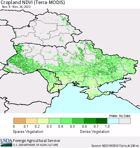 Ukraine, Moldova and Belarus Cropland NDVI (Terra-MODIS) Thematic Map For 11/11/2023 - 11/20/2023