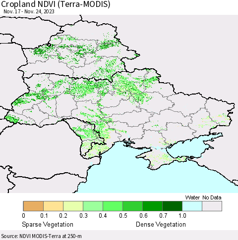 Ukraine, Moldova and Belarus Cropland NDVI (Terra-MODIS) Thematic Map For 11/17/2023 - 11/24/2023