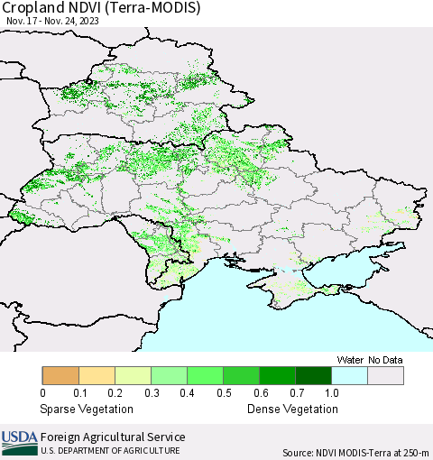 Ukraine, Moldova and Belarus Cropland NDVI (Terra-MODIS) Thematic Map For 11/21/2023 - 11/30/2023