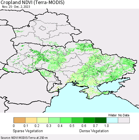 Ukraine, Moldova and Belarus Cropland NDVI (Terra-MODIS) Thematic Map For 11/25/2023 - 12/2/2023
