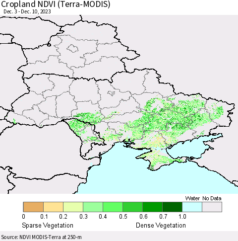 Ukraine, Moldova and Belarus Cropland NDVI (Terra-MODIS) Thematic Map For 12/1/2023 - 12/10/2023
