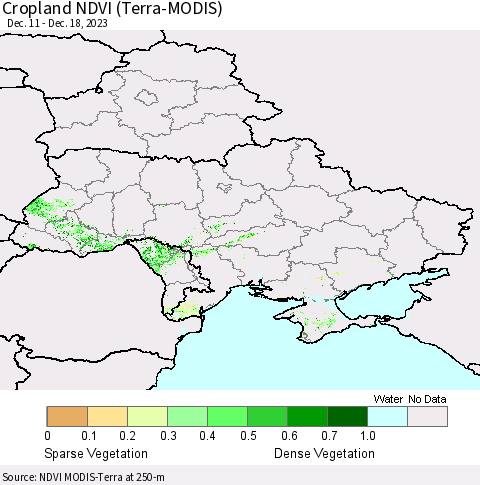 Ukraine, Moldova and Belarus Cropland NDVI (Terra-MODIS) Thematic Map For 12/11/2023 - 12/18/2023