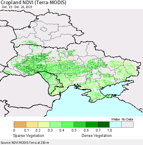 Ukraine, Moldova and Belarus Cropland NDVI (Terra-MODIS) Thematic Map For 12/19/2023 - 12/26/2023