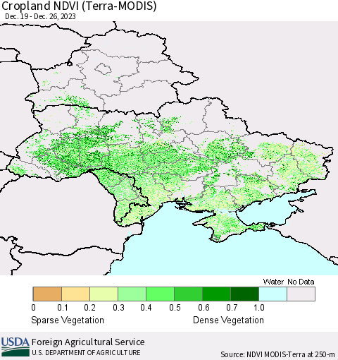 Ukraine, Moldova and Belarus Cropland NDVI (Terra-MODIS) Thematic Map For 12/21/2023 - 12/31/2023