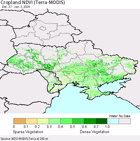 Ukraine, Moldova and Belarus Cropland NDVI (Terra-MODIS) Thematic Map For 12/27/2023 - 1/3/2024