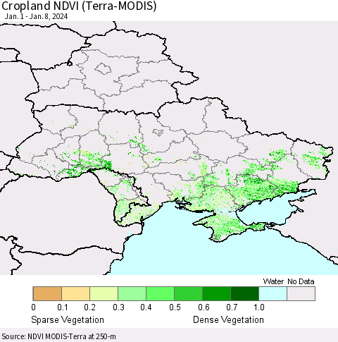 Ukraine, Moldova and Belarus Cropland NDVI (Terra-MODIS) Thematic Map For 1/1/2024 - 1/8/2024