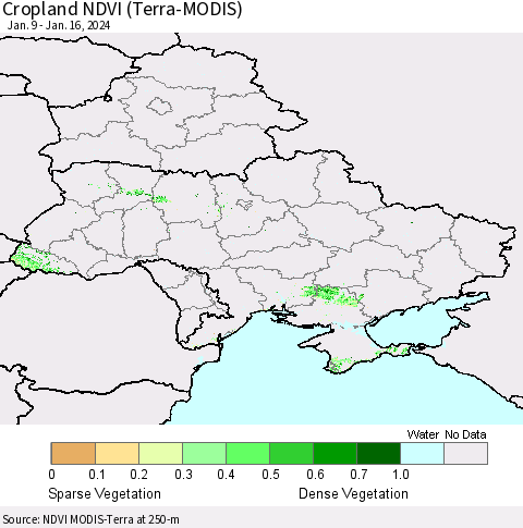 Ukraine, Moldova and Belarus Cropland NDVI (Terra-MODIS) Thematic Map For 1/9/2024 - 1/16/2024