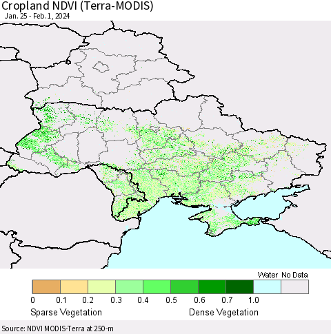Ukraine, Moldova and Belarus Cropland NDVI (Terra-MODIS) Thematic Map For 1/25/2024 - 2/1/2024