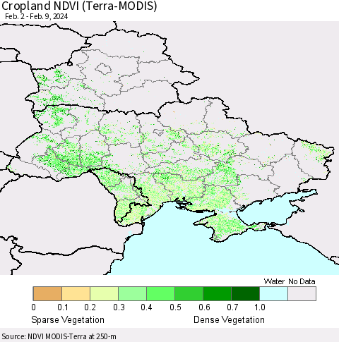 Ukraine, Moldova and Belarus Cropland NDVI (Terra-MODIS) Thematic Map For 2/2/2024 - 2/9/2024