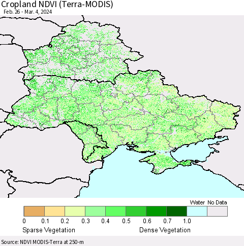 Ukraine, Moldova and Belarus Cropland NDVI (Terra-MODIS) Thematic Map For 2/26/2024 - 3/4/2024