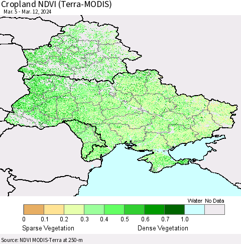 Ukraine, Moldova and Belarus Cropland NDVI (Terra-MODIS) Thematic Map For 3/5/2024 - 3/12/2024