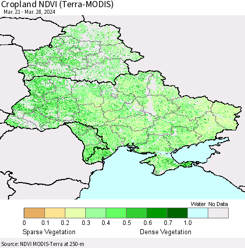 Ukraine, Moldova and Belarus Cropland NDVI (Terra-MODIS) Thematic Map For 3/21/2024 - 3/28/2024