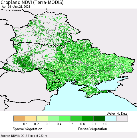 Ukraine, Moldova and Belarus Cropland NDVI (Terra-MODIS) Thematic Map For 4/14/2024 - 4/21/2024