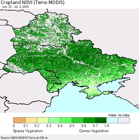 Ukraine, Moldova and Belarus Cropland NDVI (Terra-MODIS) Thematic Map For 6/25/2024 - 7/2/2024