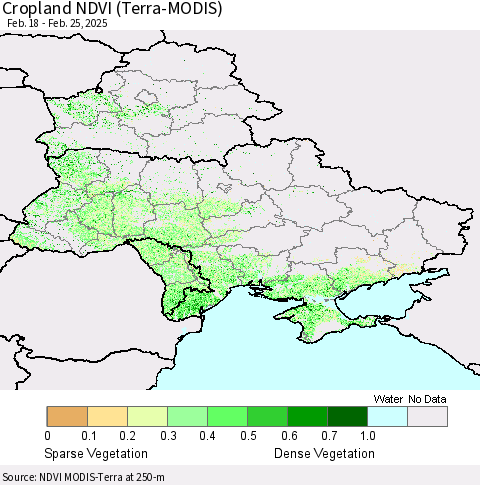 Ukraine, Moldova and Belarus Cropland NDVI (Terra-MODIS) Thematic Map For 2/18/2025 - 2/25/2025